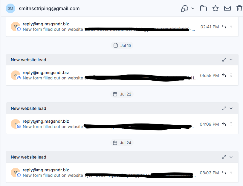 Redacted inbox showing multiple new website lead notifications for Smith’s Striping & Sealing