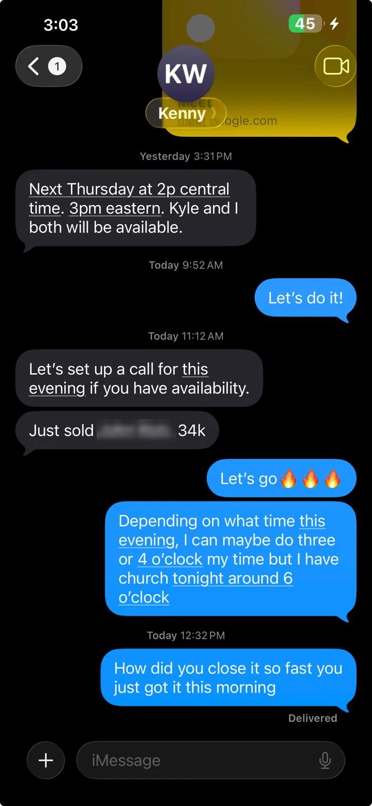 Text conversation with Kenny: he confirms a call time, asks to set up a call this evening, then writes: Just sold, 34k. Reply: Let's go.